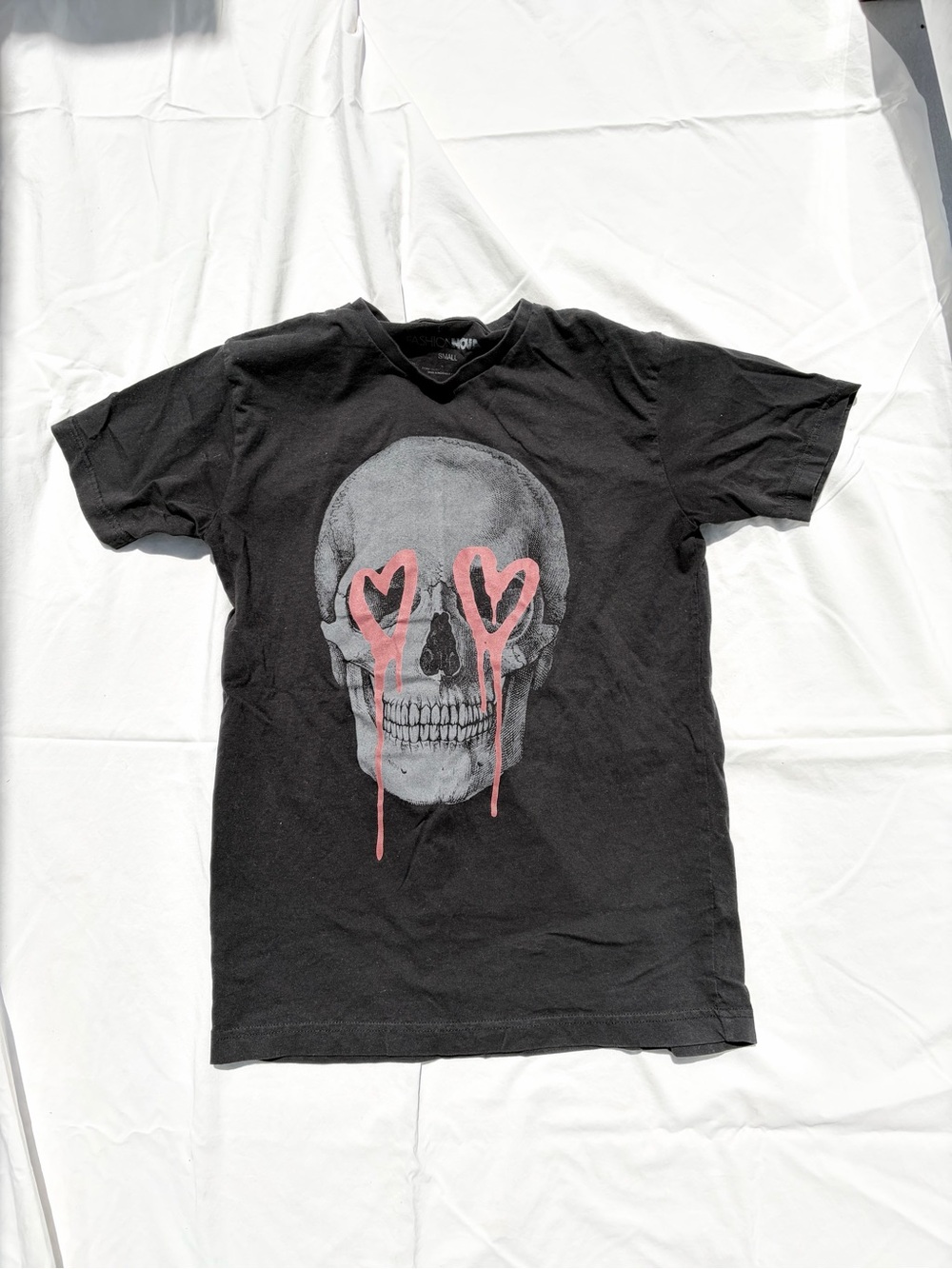 Fashion Nova Black Short Sleeve Tee with Pink Heart-Eye Skull